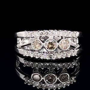 Fancy Champagne & White Diamond Three-Stone Triple Row Split Double Ring in 14k White Gold - Illusion of Three Stacked Rings $2,500 Retail VIDEO