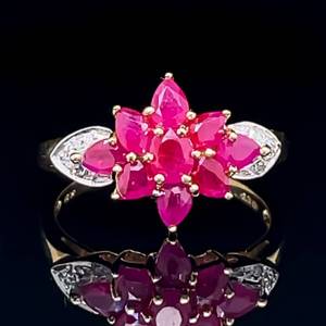 Oval & Pear Natural Ruby & Diamond Hibiscus Flower Cluster Cocktail  in Two-Tone White & Yellow Gold $1,750 Retail