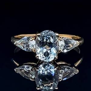 3 Carat Natural Aquamarine Mixed-Cut Solitaire Pear & Oval Three-Stone Ring in Yellow Gold $1,750 Retail VIDEO