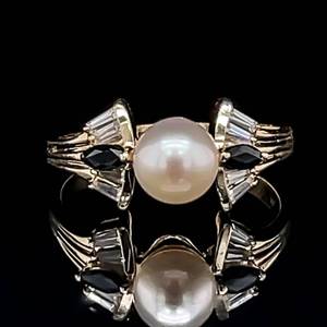 Shimmering White Cultured Pearl, Cubic Zirconia & Marquise Blue Sapphire Fan Bow Tie Ring in Yellow Gold $850 Retail VIDEO