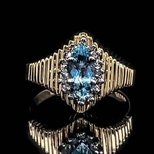Diamond Halo Natural Aquamarine Chevron Ribbed Textured Retro Ring in 14k Yellow Gold $1,250 Retail
