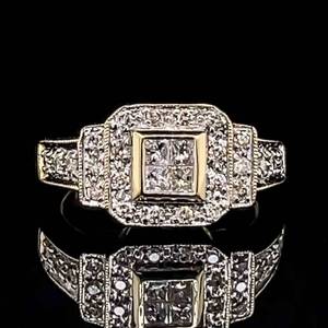 0.80 Carat Diamond Princess Cut Halo Tiered Geometric Milgrain Ring in 14k Yellow Gold $2,750 Retail VIDEO