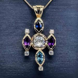 Large 12 Carat Diamond, Aquamarine, Amethyst & Spinel Vintage Abstract Artistic Cross Pendant in 14k Yellow Gold $3,200 Retail VIDEO