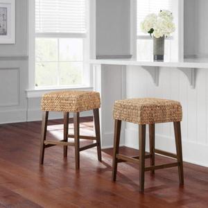 lot 136 image: Backless Natural Beige Woven Hyacinth Counter Stool with Walnut Legs