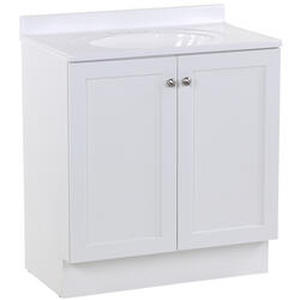 lot 106 image: Designers Image Winston 30W x 19D White Vanity and White Cultured Marble Vanity Top with Oval Integrated Bowl