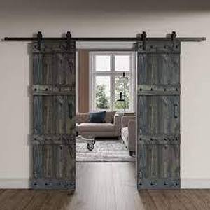 lot 93 image: Castle 48 in. x 84 in. Aged Barrel DIY Knotty Wood Double Sliding Barn Door with Hardware Kit