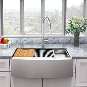 lot 40 image: Glacier Bay Zero Radius FarmhouseApron-Front 18G Stainless Steel 36 in. Single Bowl Workstation Kitchen Sink, Spring Neck Faucet