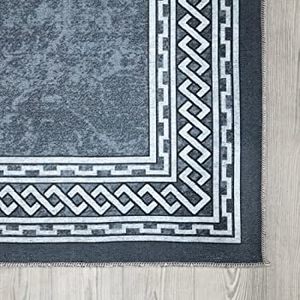 lot 38 image: Ottomanson Non-Shedding Washable Wrinkle-Free Cotton Flatweave Border 2x5 Living Room Runner Rug 20 in. x 59 in., Ash Gray