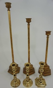 lot 25 image: (3) Brass Candle Sticks (3) Plated Metal Candle Sticks