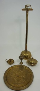 lot 31 image: Assorted Brass Decor Including Fritz Brass Candle Stick, Covered Trinkets