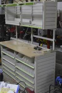 Lighted Shelving Unit Work Station with castors with slide out drawers