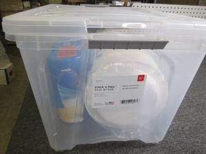 tote with clorox wipes and foam pla...