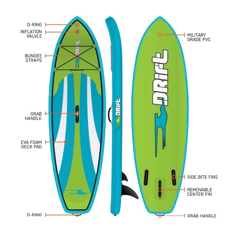 lot 9 image: Brand New Drift Kids Super Stable Inflatable Stand Up Paddle Board, 8x33 SUP with Adjustable Aluminum Paddle & Backpack Travel Bag V