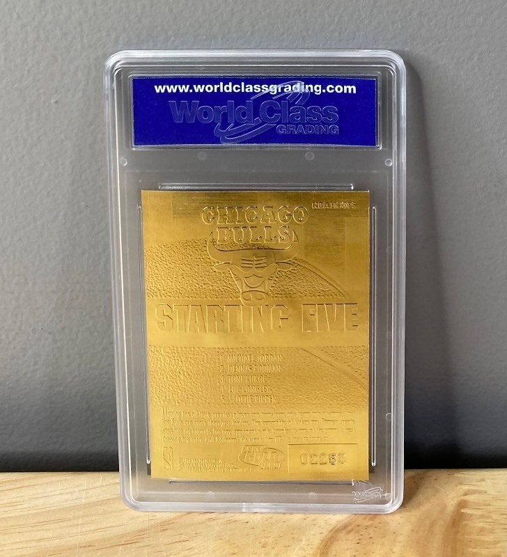 lot 42A image: 1996 NBA Hoops 23KT Gold Michael Jordan Starting 5 Red Holo Refractor Card NBA Basketball Bulls WCG 10 Z