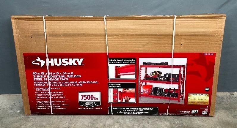 lot 10 image: Brand New Husky 3-Tier Heavy Duty Industrial Welded Steel Garage Storage Shelving Unit in Red Y