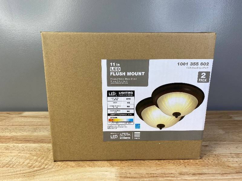 lot 49 image: Brand New Commercial Electric (2-Pack) 11 in. 100-Watt Equivalent Oil-Rubbed Bronze Integrated LED Flush Mount with Frosted Glass Shade V