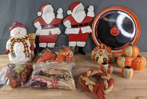 lot 152 image: Holiday Decor  Fall Fruits and Veggies, Thanksgiving Decor Set , Halloween Tray, Ceramic Snowman Cookie Jar, Santa Decor  U