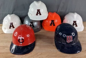 lot 151 image: MLB Baseball 7 Helmets  Minnesota Twins, Milwaukee Brewers and Anoka Tornadoes U