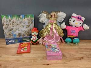 lot 193 image: Eclectic Collection of Childrens Games and Toys NEW Hallmark Puzzle, NEW Hello Kitty Bingo, Vintage Doll, Snoopy, and More W