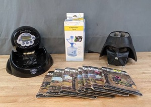 lot 200 image: Darth Vader Toaster Oven, Primo Bottled Water Pump, Crown Majestic Automatic Pet Feeder & 7 Packages of Farmhouse Wallpaper Border W