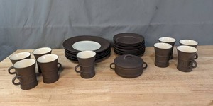 lot 204 image: Set of Vintage Dansk Flamestone Pattern Dish Set Mugs, Plates, Saucers, Covered Dish K