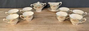 lot 181 image: Vintage Crown Potteries Co. Set of 8 Teacups, Sugar Bowl with Lid and Creamer Bowl with Saucer  W