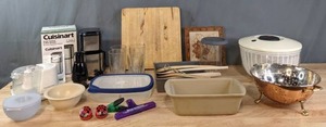 lot 183 image: Kitchen Wares  Cuisinart Coffee Grinder, Proctor Silex Food Processor, Pampered Chef Loaf Pan, Wooden Spoons, Colanders, and More K