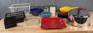 lot 209 image: Assortment of Coffee Grinders, Pans, Bowls, Square Serving Plate, Baking Dish, White Wire Basket, Etc. K