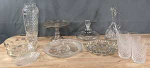 lot 211 image: Collection of Etched Crystal Vase, Glass Cake Platter, Glass Cruet, Deviled Egg Serving Platter, Glasses and More K