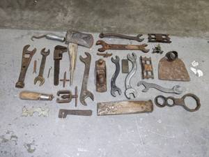 lot 229 image: Vintage Rustic Tools Including Wrenches, a Hoe, an Axe and More  M