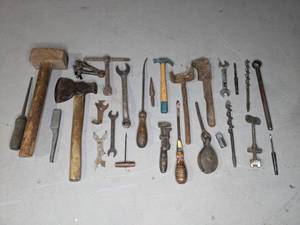 lot 235 image: Vintage Tools Including Wrenches, a Hatchet, a Mallet and More  M