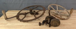 lot 264 image: Pair of Vintage Pulley Wheels and Table Mount Grinder M
