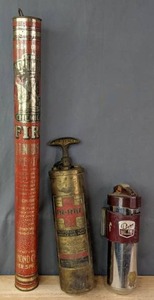 lot 93 image: (3) AntiqueVintage Fire Extinguishers Richmond Tube Extinguisher, Fyr-Fiter, and Pyrene  M