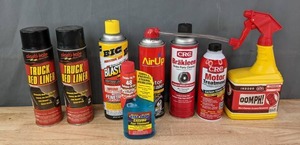 lot 290 image: New Automotive Supplies  (2) Cans Plasti-Kote Truck Bed Liner, CRC Brak-Clean, CRC Motor Treatment, STP Oomph, Air Up Flat Tire Sealant, and More  R