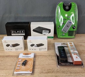 lot 299 image: New Tech Goodies High Speed 4-Port USB Hub, Dual Band USB Adapter, (2) InfinitiKloud SD, GE 4-Port Tetra Hub, USB 3.0 to SATA & IDE Hard Drive Converter, Zilkee Ultra Recovery Converter  R