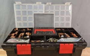 lot 29 image: Toolbox Filled with Plumbing Supplies Copper Parts, Fittings, Hardware and Repair Kits  R