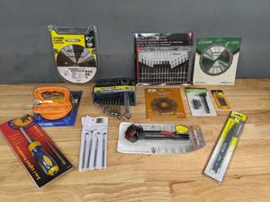 lot 167 image: Assortment of New Tools Saw Blades, Right Angle Screw Driver, Quick-Flow Spout, and More R