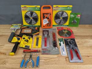 lot 166 image: Assortment of New Name Brand Tools Saw Blades, Leather Punch, Precision Tool Set and Much More R