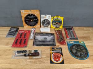 lot 163 image: Assortment of New Tools Saw Blades, Punch Plier, Precision Screwdriver Set, and More R