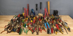 lot 268 image: Large Assortment of Preciously Used Tools Pliers, Screwdrivers, Hammers, Crowbar and More R