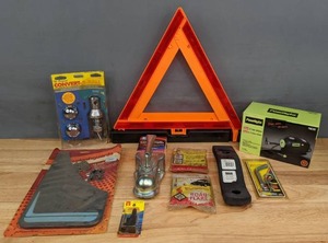 lot 389 image: Assortment of Vehicle Accessories Powerflow Splashguards, Road Flares, Reese Hitch, PowRyte 12 Volt Inflator, & More R