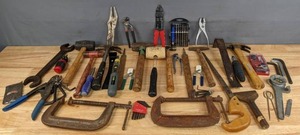 lot 289 image: Assortment of Tools Hammers, C Clamps, Chisel, Wrenches, Allen Wrenches, & More R