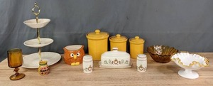 lot 292 image: Collection of Glass and Ceramic Items Vintage Three-Tier Hors DOeuvres Tray, 3-Piece Canisters, Butter Dish, Salt & Pepper Shakers, and More  R