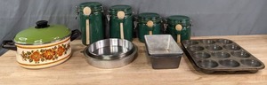 lot 295 image: Kitchen Wares  Large Pot with Lid, Pie & Cake Pans, Loaf Pans, Muffin Tin, 4-Piece Canister Set  R