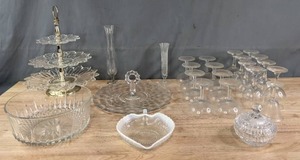 lot 296 image: Glassware  3-Tier Hors DOeuvres Tray, Crudite Tray, (2) Vases, Punch Bowl, Leaf Shaped Candy Dish, Lidded Dish, 17 Pieces Stemware  R