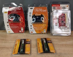lot 81A image: NEW Fire Wire 3 Port PCI Card, Hi-Speed USB 2.0 5 Port PCI Card, Adaptec Fire Connect 4300 and (2) Kingston Desktop DDR2 1 GB RAM R