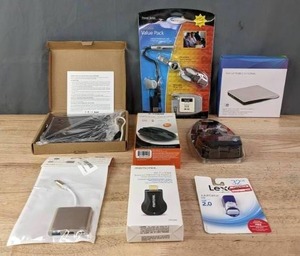 lot 393 image: USB 2.0 External Super Slim DVD-RW, Newport Portable Value Pack, Pop Up Mobile External, Optical Wireless Mouse, Linx USB 2.0 4 Port Hub, USB 2.0 Jump Drive V30, WI Fi HDMI Screen Mirroring Device and USB 3.1 C R