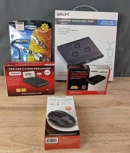 lot 181A image: NEW Slick Laptop Cooling Pad, Newport Portable Value Pack, Optical Wireless Mouse, 2.5 In. External SATA Hard Drive Enclosure and Pro USB 2.0 HDD Enclosure R