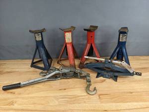 lot 318 image: Automotive Equipment Scissor Jack, Come Along Cable, and (4) Jack Stands R