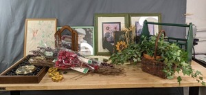 lot 354 image: Lovely Home Decor Vintage Wall Art, Faux Flowers, Decorative Thermometer and Much More R